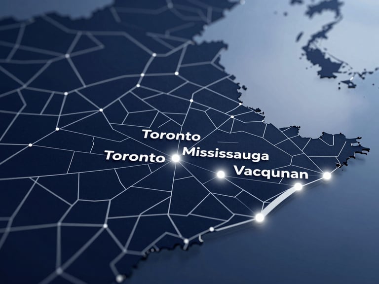 Sleek modern digital map of Southern Ontario and the Greater Toronto Area, glowing nodes highlighting Toronto, Mississauga, and Vaughan, clean tech-corporate UI overlay, deep navy and silver tones, sharp focus.
