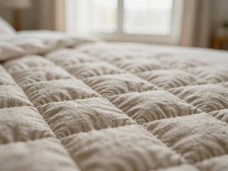 Macro shot of organic cotton quilt stitching, showing the raw texture and heirloom weave, soft overcast window light, shallow depth of field, warm tactile minimalism, 35mm.