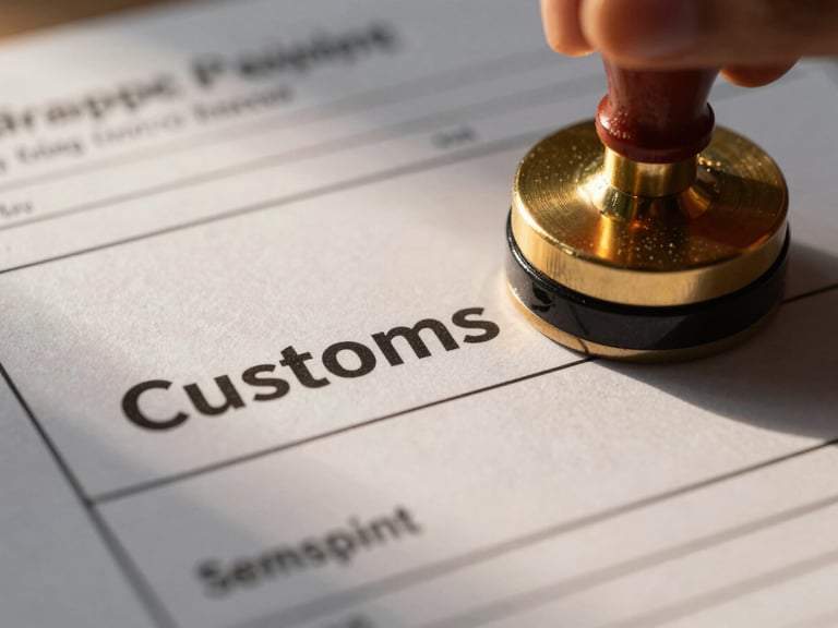 Macro shot of a customs stamp being applied to a shipping document, with a gold ink pad, industrial editorial photography, sharp focus.