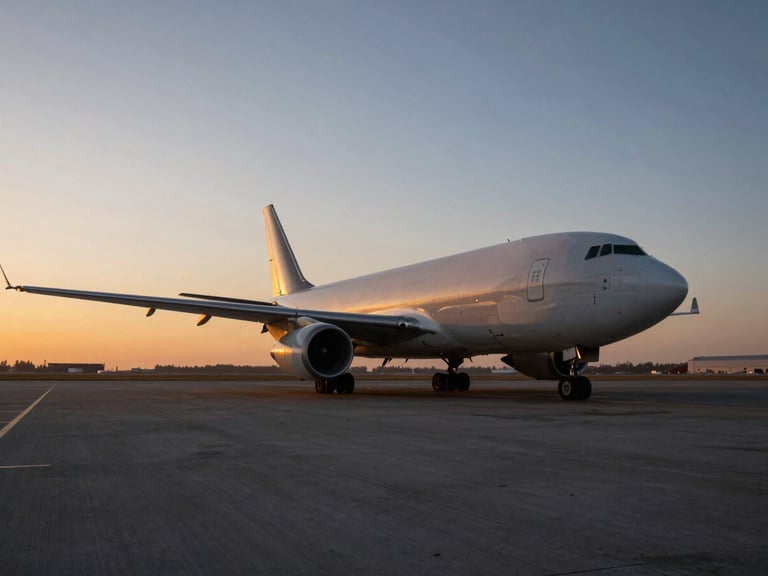 Cargo plane on a tarmac at dawn, industrial lighting, wide-angle lens, sharp focus