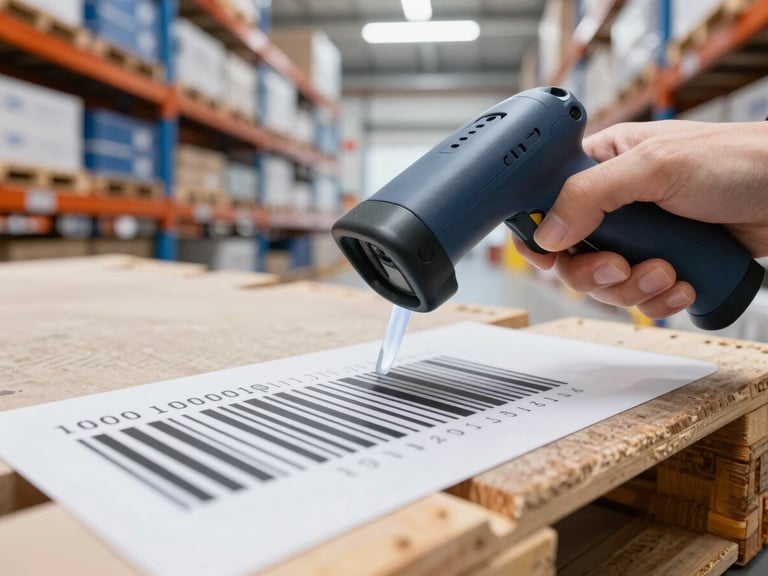 Macro shot of a hand scanning a barcode on a pallet label, focus on the scanner and label, organized warehouse background, bright high-key industrial lighting, crisp industrial photography, clean blue and orange accents, sharp focus