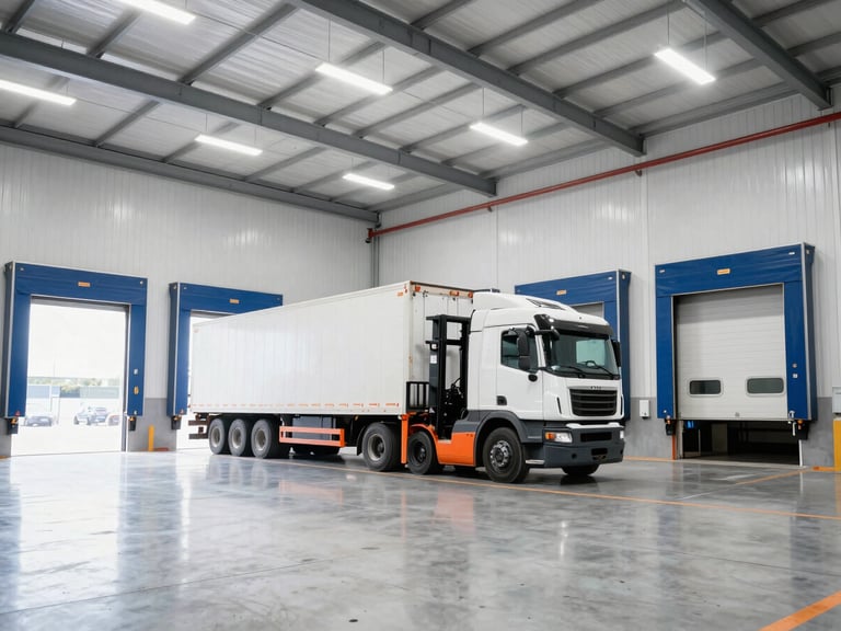 Wide shot of a loading dock with a semi-truck backed in, forklift activity, dock-high doors open, bright high-key warehouse lighting, crisp industrial photography, clean blue and orange accents, sharp focus