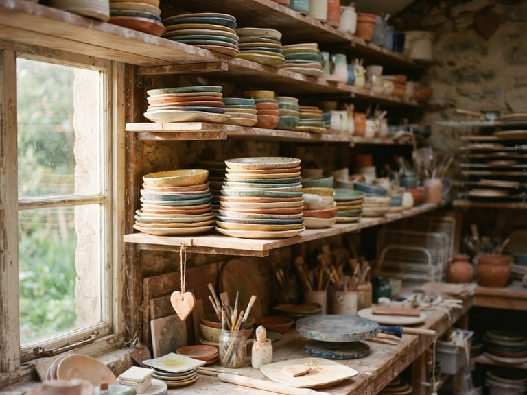 Warm environmental shot of the Clay Heart studio, shelves stacked with slightly irregular colorful plates, warm morning window light, 35mm