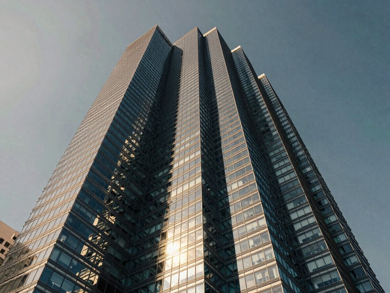 Low-angle architectural rendering of a modern glass skyscraper in Miami, sharp edges, high-contrast coastal sunlight, dramatic reflections.