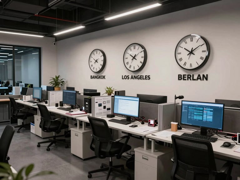 Wide environmental shot of a modern open-plan production office at night, three city clocks on the wall labeled Bangkok, Los Angeles, Berlin, workstations lit by monitor glow, documents and production boards visible, no people