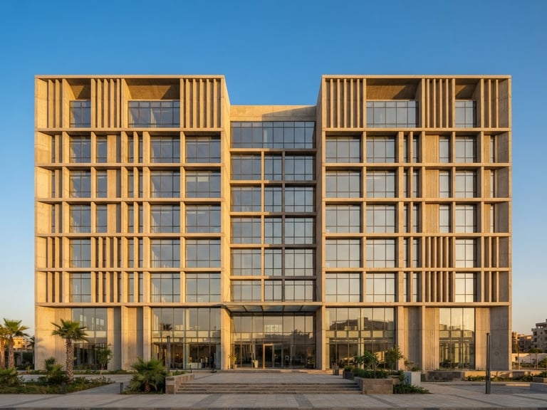 Symmetrical straight-on architectural elevation of a modern concrete and glass commercial building in New Mansoura, bright Mediterranean golden-hour light, sharp shadows, 35mm lens