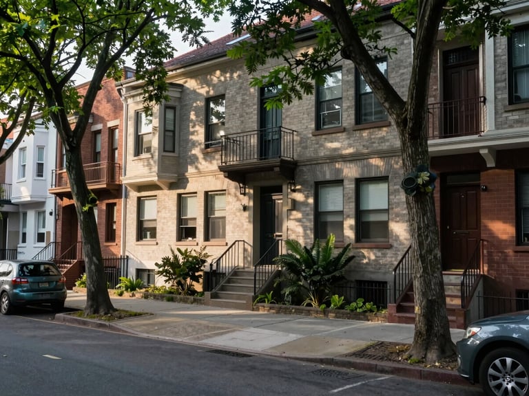 Wide ground-level shot of a residential street facade in a quiet urban neighborhood, afternoon daylight, leafy trees lining the sidewalk, parked cars visible at the edge of frame, no people, building fronts in sharp focus