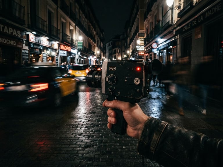 Cinematic low-angle street photography in Madrid at night, motion-blurred lights, a hand holding a vintage video camera with a tiny red tally light glowing, heavy 35mm film grain, moody chiaroscuro