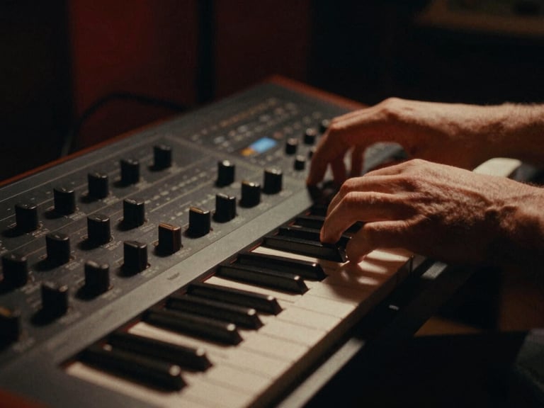 Moody cinematic close-up of hands adjusting an analog synthesizer in a dark studio, warm tungsten light casting long shadows, heavy film grain, 35mm lens.