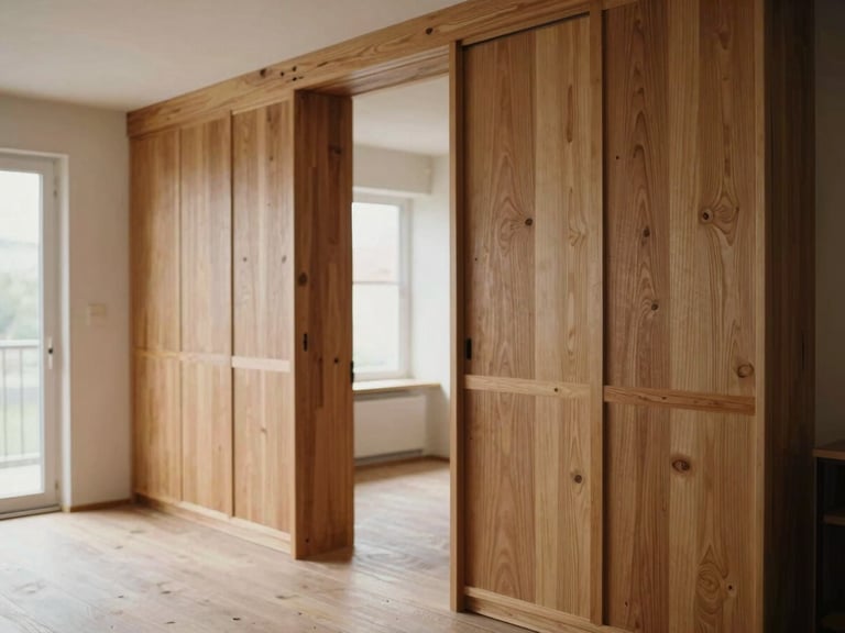 Finished residential interior with natural light, showcasing clean joinery between old and new sections, warm earthy tones.