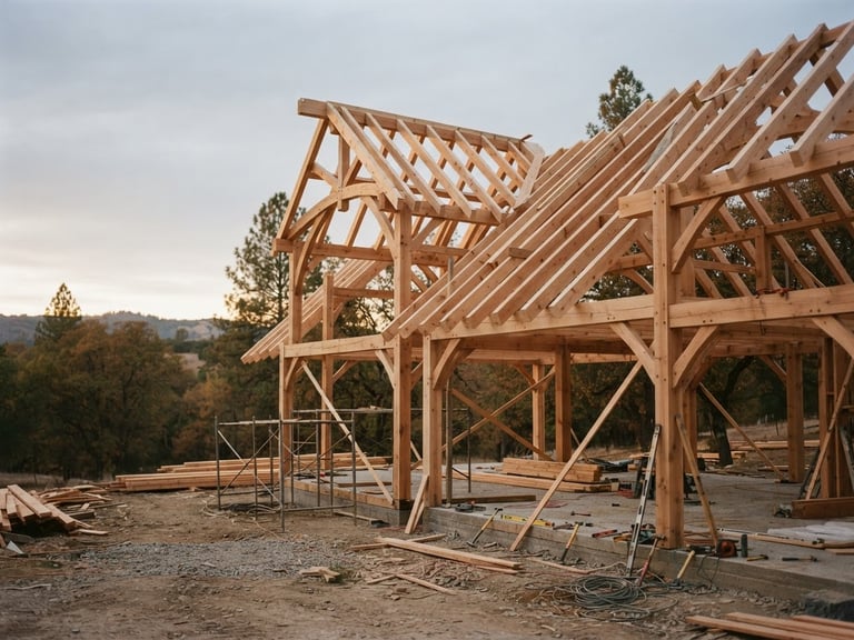 Wide shot of exposed timber framing on a new home construction site at golden hour, natural light, architectural composition, shallow depth of field.
