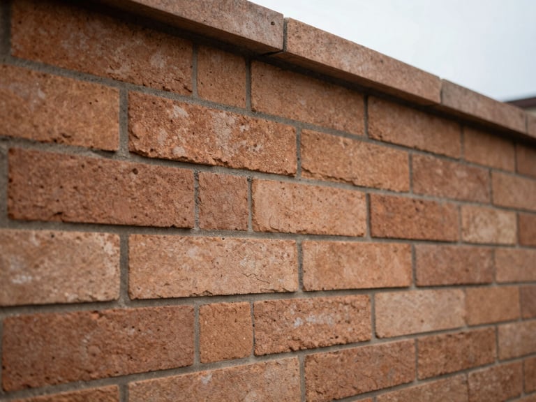 Close-up detail of clean masonry on a residential wall, natural overcast daylight, rich earthy tones, shallow depth of field.