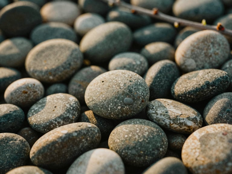 Detail shot of smooth river stones and willow bark, emphasizing natural textures and grounding, soft afternoon light, 35mm film texture.