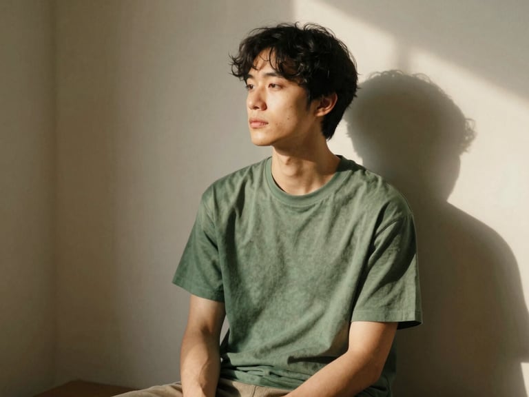 A calm individual in a moment of quiet reflection, seated in a sunlit corner, soft shadows, no direct eye contact, earthy tones.