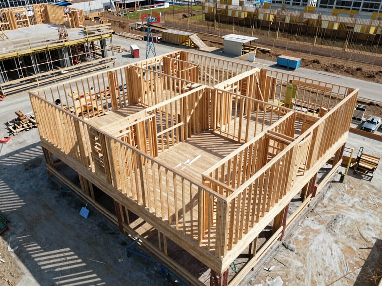 Raw high-angle drone shot of an active multi-family construction site, exposed timber framing, bright daylight, crisp architectural lines