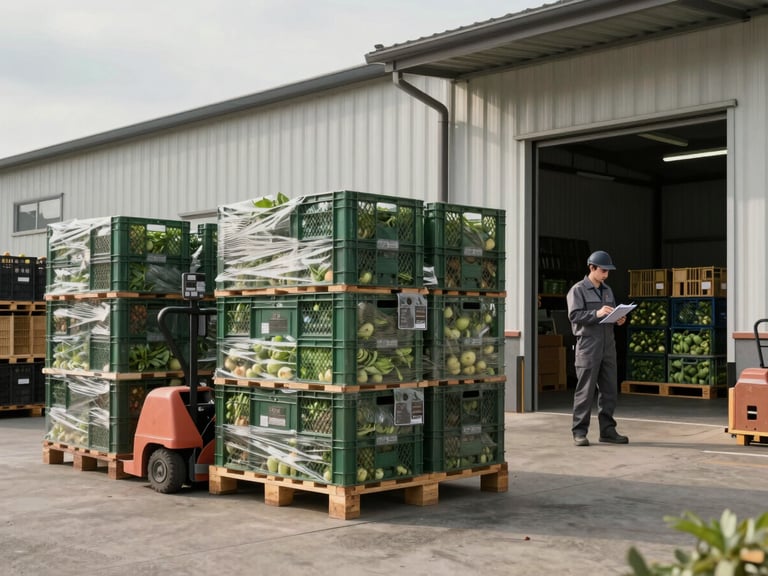 Wide contextual shot of a working agricultural warehouse, stacked produce crates and pallet jacks visible in the background, a worker reviewing a clipboard near an open loading dock under flat overcast daylight