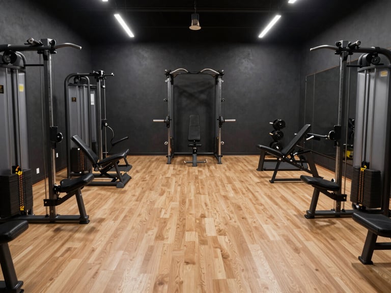 Symmetrical wide shot of an empty private bodybuilding gym floor, premium selectorized machines, dark charcoal walls, dramatic spotlighting