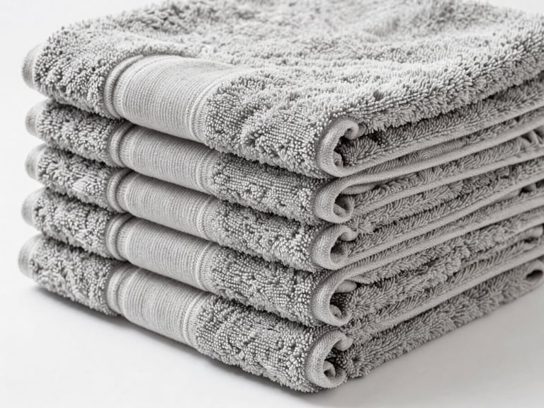 Neatly stacked slate gray towels showing thick, plush loops, side angle, bright clean studio lighting