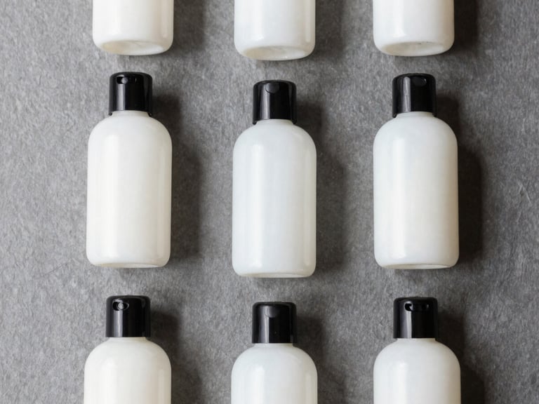 Structured flat-lay of minimalist hotel amenity bottles with matte black caps, soft natural daylight, slate gray background
