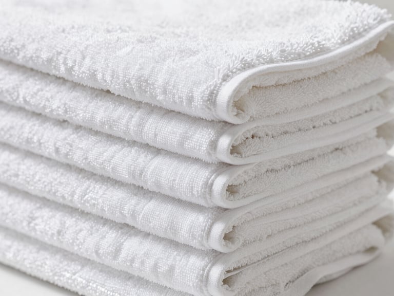 Stack of thick, plush white luxury towels with double-stitched hems, bright neutral daylight, sharp macro focus