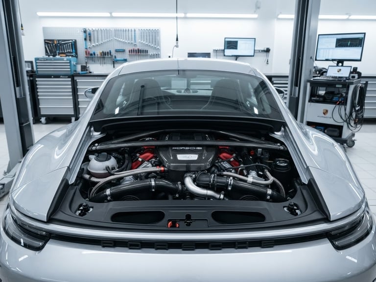 A wide-angle, clean high-key shot of a modern Porsche engine bay under cool, bright workshop lighting, showing organized tools and diagnostic screens in the background.