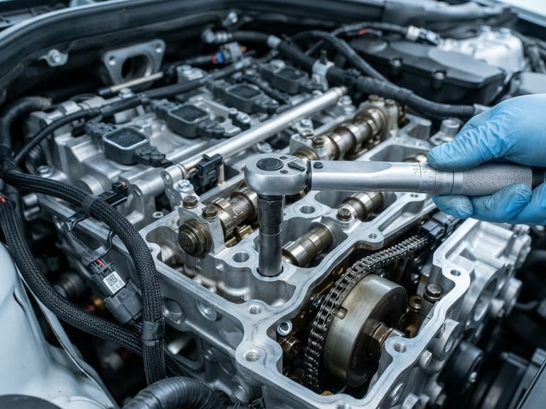 Sharp macro shot of a clean modern German engine bay, focus on a torque wrench tightening a cylinder head bolt, cool metallic tones, crisp depth of field, 50mm lens