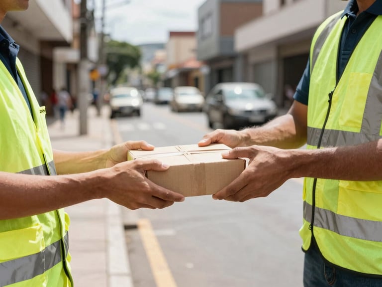 Dynamic close-up of hands exchanging a sealed package between a business owner and a professional courier, both in high-visibility gear, on a bustling street in Belford Roxo, bright natural daylight, high contrast industrial tones, sharp focus, 35mm lens.