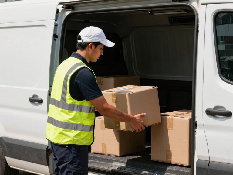 Medium action shot of a professional courier in high-visibility gear loading securely sealed e-commerce parcels into a light delivery vehicle, dynamic street photography, bright natural daylight, high contrast industrial tones, sharp focus, 35mm lens.