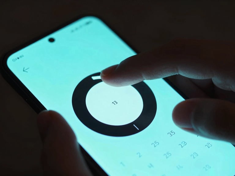 Close-up of a thumb interacting with a dark-mode calendar ring widget on a modern Android phone, vibrant cyan screen glow casting soft light on hands, moody ambient dark-room glow.