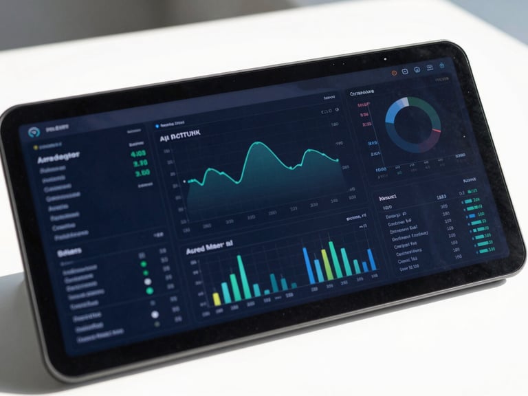 Close-up of a high-fidelity dashboard displaying AI-driven analytics and data visualization, bright natural daylight, crisp details, 50mm lens
