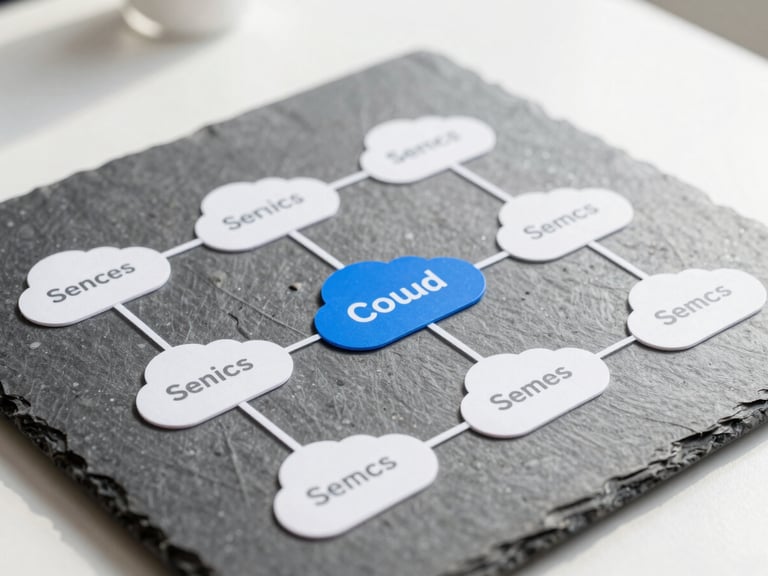 Architectural diagram showing interconnected cloud services and data flow, clean lines, modern interface, bright natural daylight, crisp details, 50mm lens