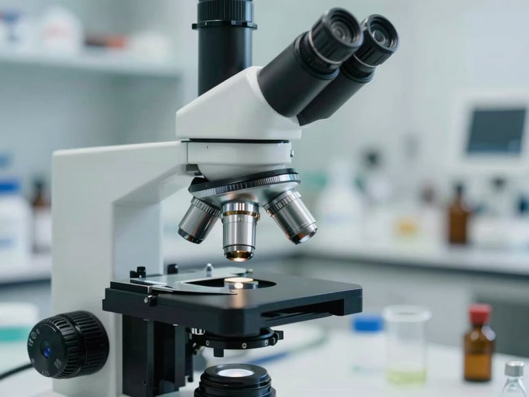 A close-up of botanical research under a modern microscope in a bright, clean, daylight-filled laboratory, showcasing the scientific and rigorous nature of naturopathic pharmacology.