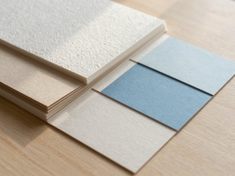 Tactile design materials including heavy textured cotton paper stocks, neutral color swatches in beige and sky blue, arranged neatly on a light wood surface under soft morning daylight.