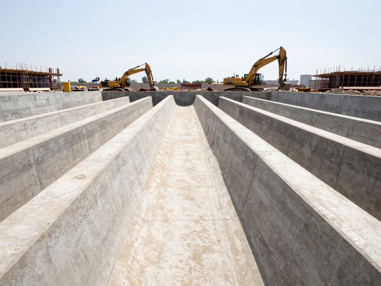 Wide-angle environmental shot of massive concrete drainage channels under construction, heavy machinery moving in the background, bright harsh daylight.