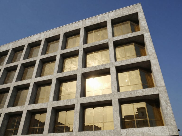 Low-angle architectural photograph of a completed multi-story commercial facade in Accra, sharp concrete angles, gold glass reflecting midday sun, 35mm.