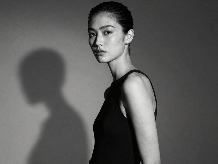 High-fashion editorial portrait of a model with sharp studio shadows, high contrast monochrome, elegant composition, 35mm