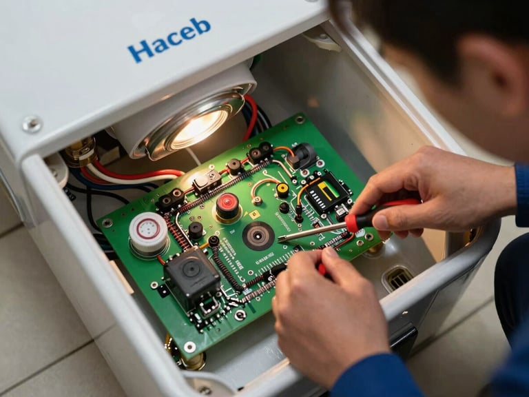 Overhead documentary shot of a Haceb water heater interior open for inspection — circuit board, thermostat probe, and wiring visible under warm work-light, technician's hands with screwdriver mid-diagnosis, real laundry room floor visible at edges