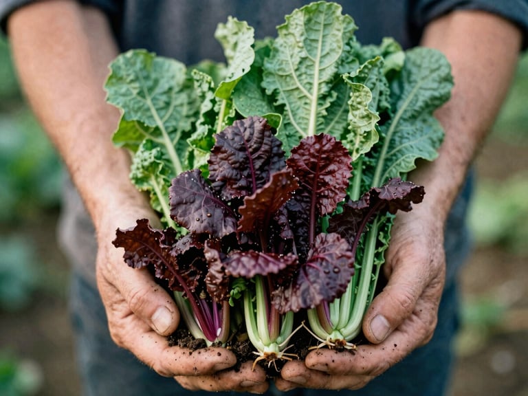 Farmer's hands holding freshly harvested organic vegetables, soil visible, soft natural light, warm editorial photography, rich green tones.