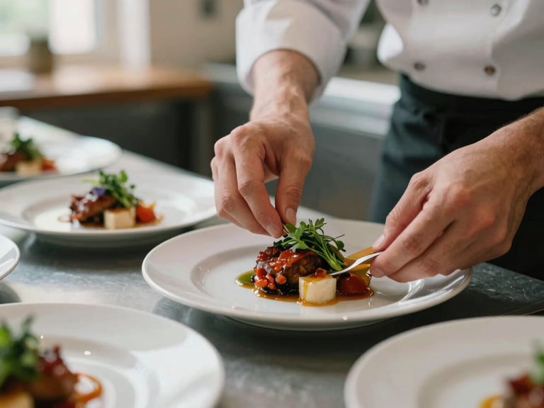 Chef's hands carefully plating a dish in a cozy, Scandinavian-style restaurant kitchen, soft daylight, focus on texture and human touch, warm editorial photography.