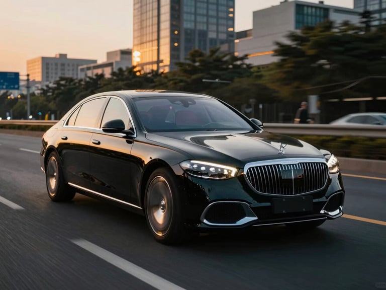 Cinematic wide shot of a luxury black sedan gliding down a modern urban highway at dusk, golden hour reflections on polished bodywork, sharp focus, 35mm
