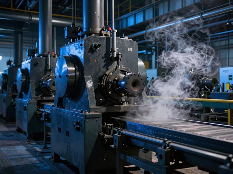 Wide cinematic shot of an active industrial production line, dark metallic machinery under dramatic blue lighting, steam rising from a conveyor belt on the right