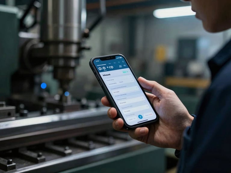 Dramatic industrial photography, close-up of a factory owner holding a smartphone with an active dashboard, blurred metalworking machinery in the background, sharp focus, moody lighting, 35mm lens