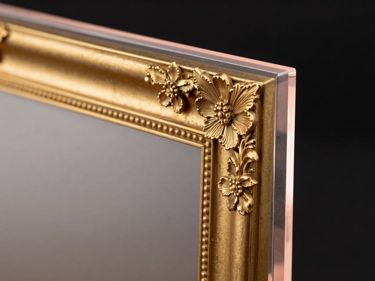 Macro shot of a premium gold-leaf frame corner, showcasing detailed floral carvings and the edge of a crystal-clear acrylic panel with soft rose gold highlights.