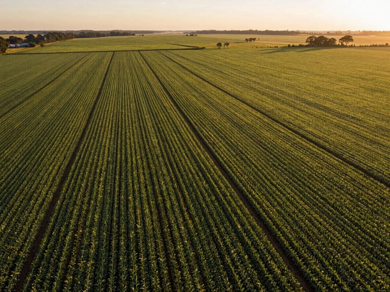 Wide aerial drone shot of massive organized soybean fields in Mato Grosso during golden hour, long shadows, clean geometric crop lines, warm sunlight.