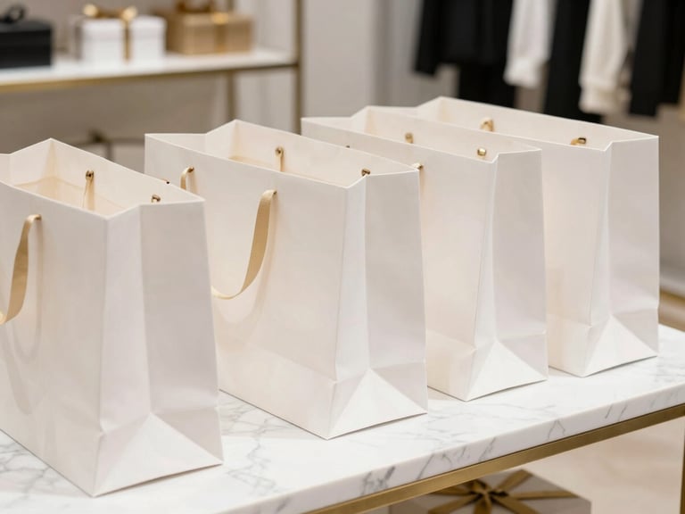 A stack of pristine designer shopping bags and gold-ribboned gift boxes on a clean white marble counter, bright natural sunlight, luxury retail aesthetic