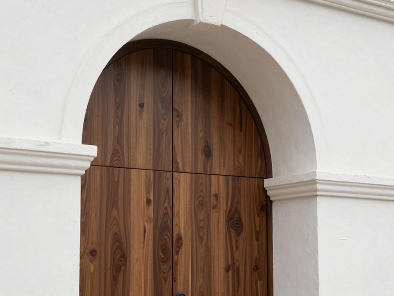 A tight crop of a material intersection where a custom dark walnut cabinet meets a restored historic white plaster archway, sharp natural daylight, high contrast.
