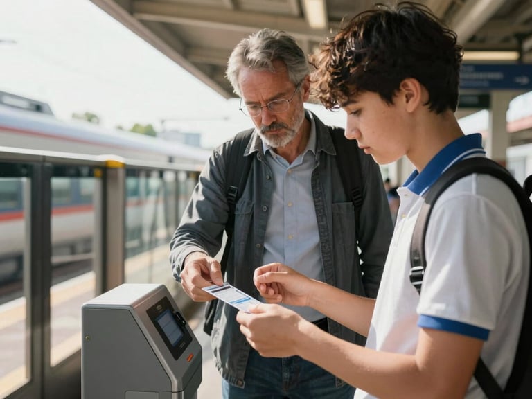 Eye-level shot of a student learning to purchase a transit ticket at a sunny outdoor train station, an educator standing supportively nearby
