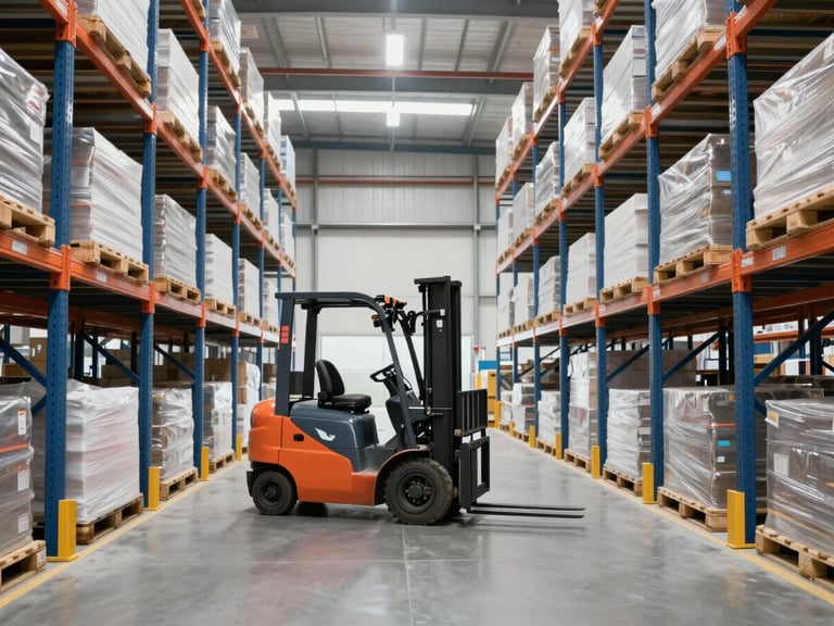 A wide shot of an organized warehouse interior with tall racks, a forklift moving pallets, and clear pathways, under bright overhead lighting.