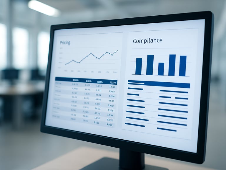 A close-up of a computer screen displaying pricing data and compliance reports, with a blurred background of a modern office environment, bright lighting.