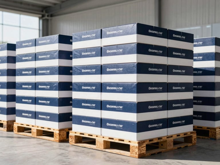 Pallets of neatly stacked, branded product boxes in a modern, clean warehouse, bathed in bright natural daylight, ready for shipment.